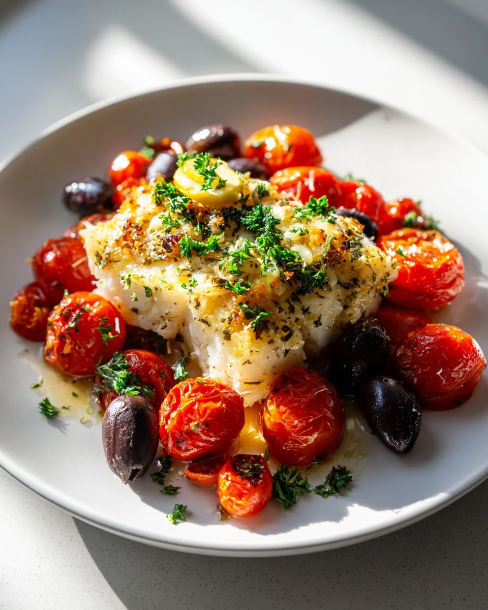 Lemon Garlic Baked Cod with Olives & Tomatoes Recipe Delight