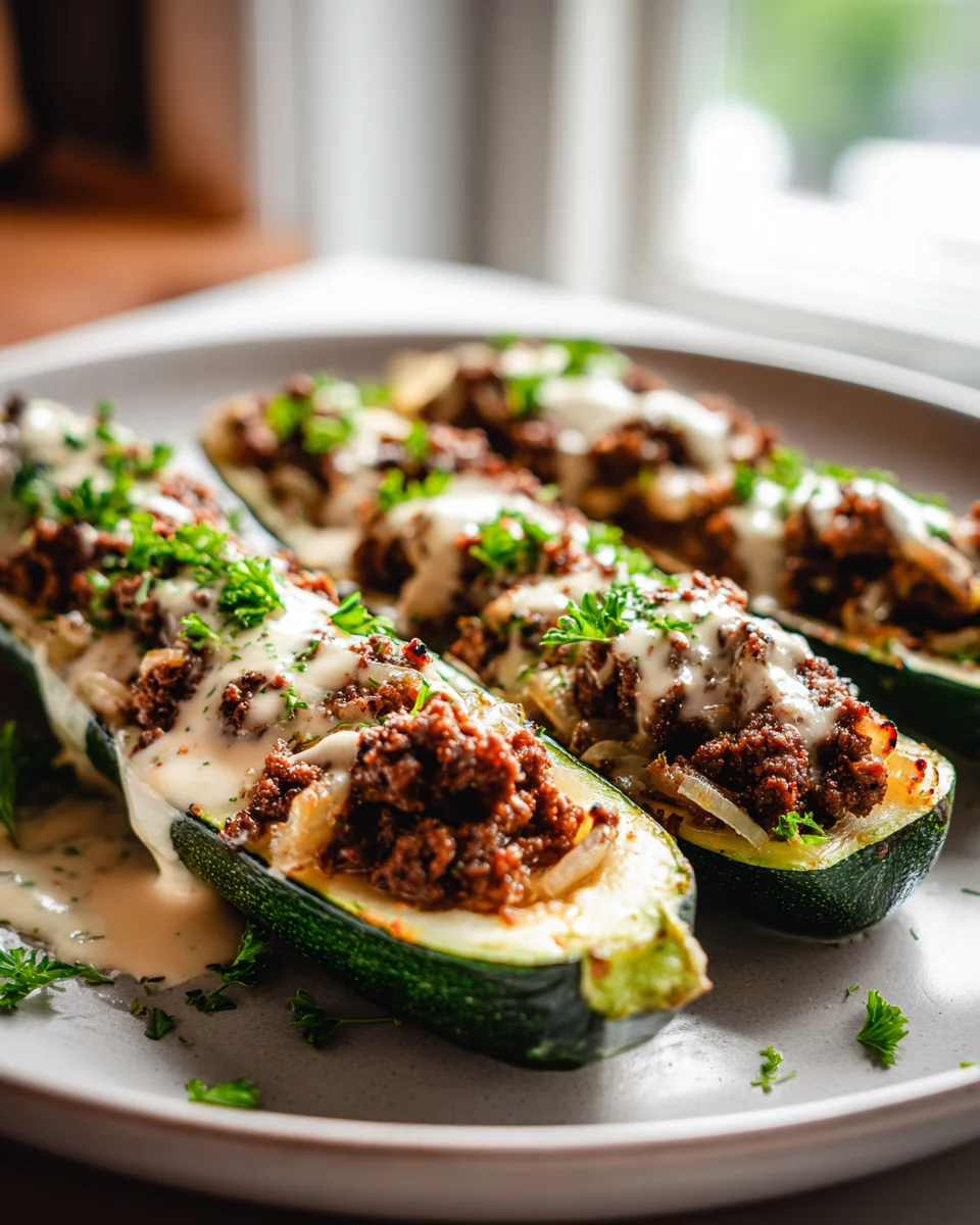 Beef and Onion Stuffed Zucchini Boats with Garlic Sauce Recipe