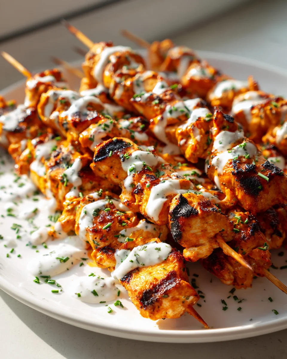Buffalo Chicken Skewers with Ranch Drizzle - Easy Recipe!