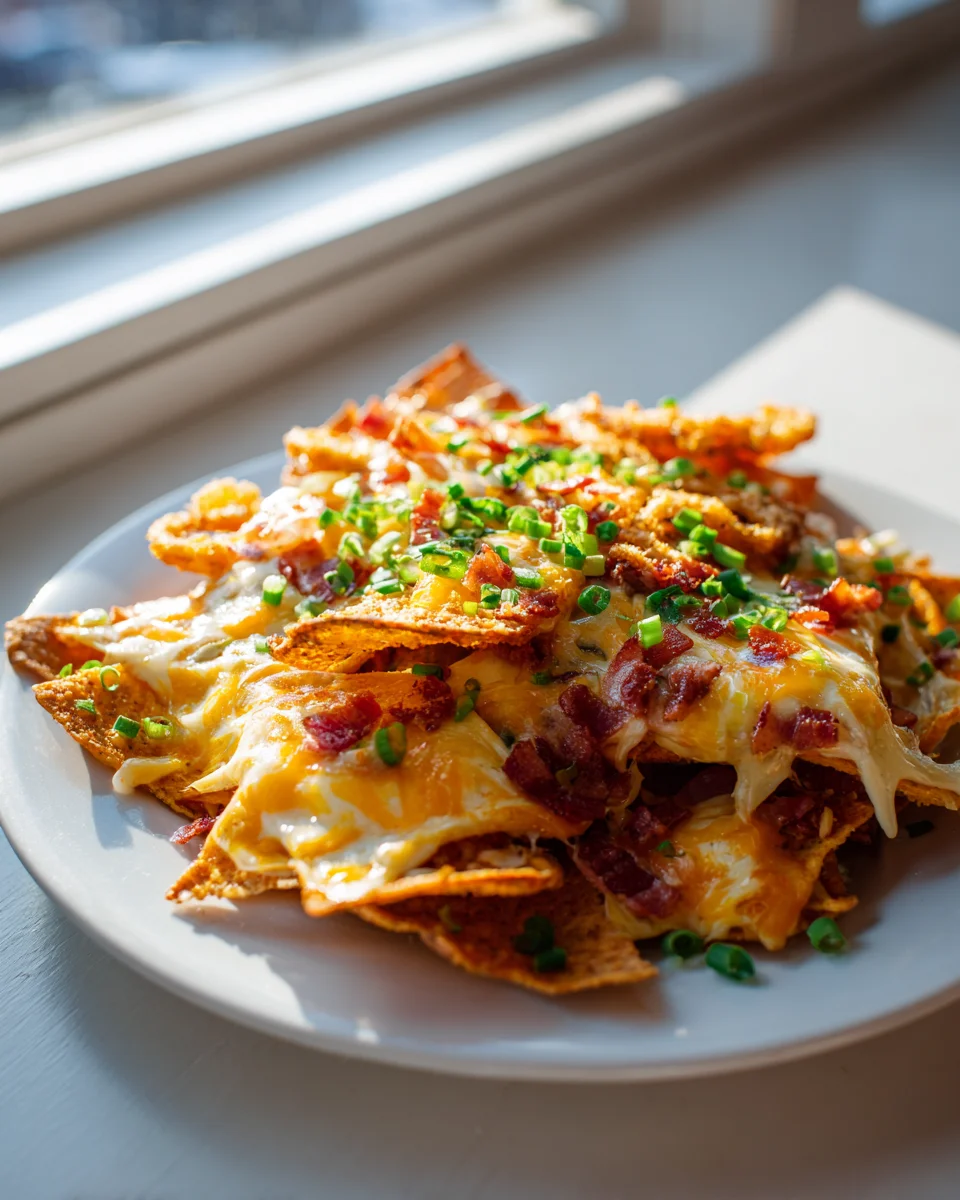 Loaded Nachos with Onion Ring Chips, Cheese & Beef Bacon