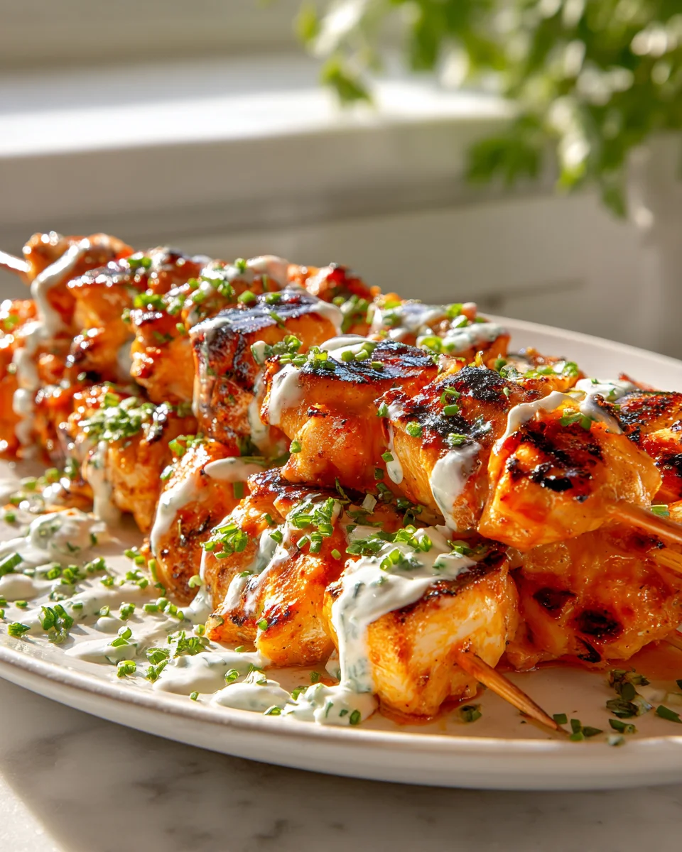 Buffalo Chicken Skewers with Ranch Drizzle - Easy Recipe!