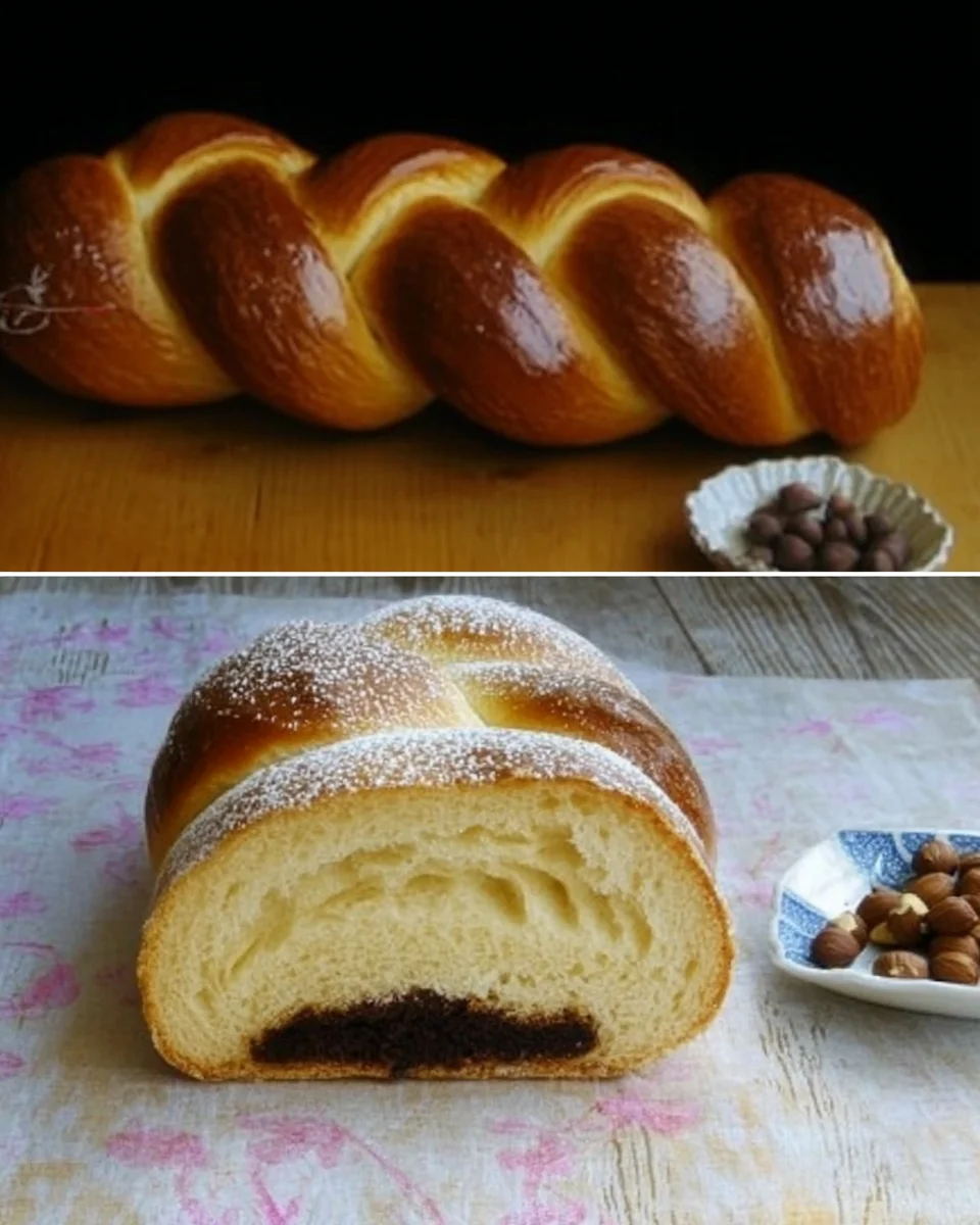 Brioche tressée et fourrée au caramel, chocolat et noisettes image 2