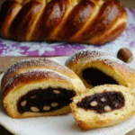 Brioche tressée et fourrée au caramel, chocolat et noisettes