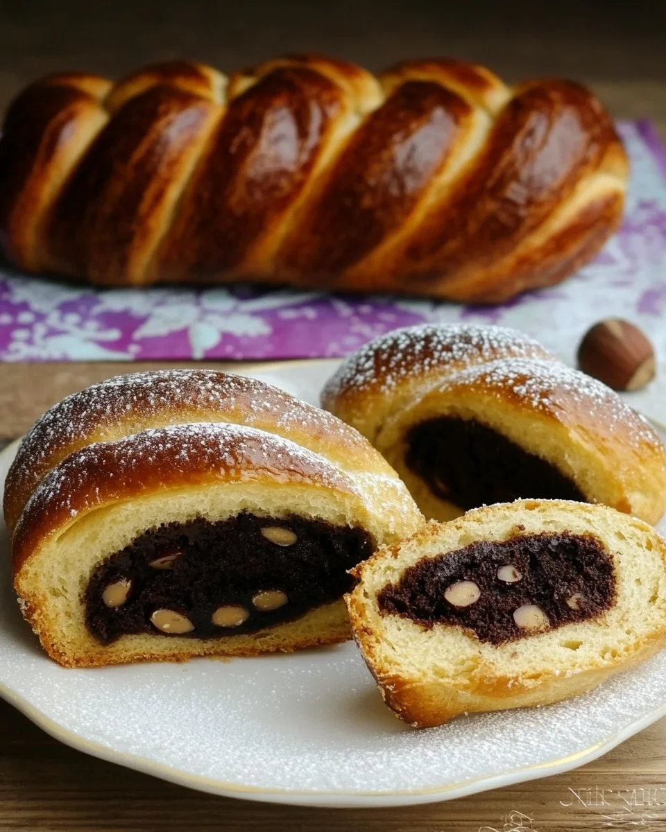 Brioche tressée et fourrée au caramel, chocolat et noisettes