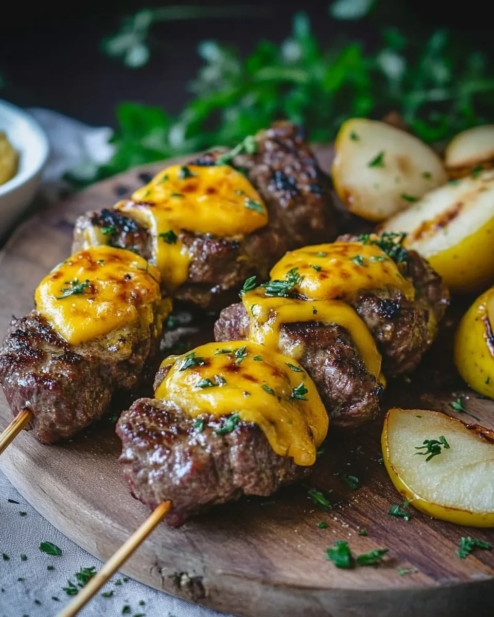 Brochettes de bœuf au cheddar et pommes