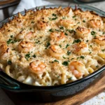 Gratin de Pâtes aux Crevettes, Sauce Crémeuse et Fromage Gratiné