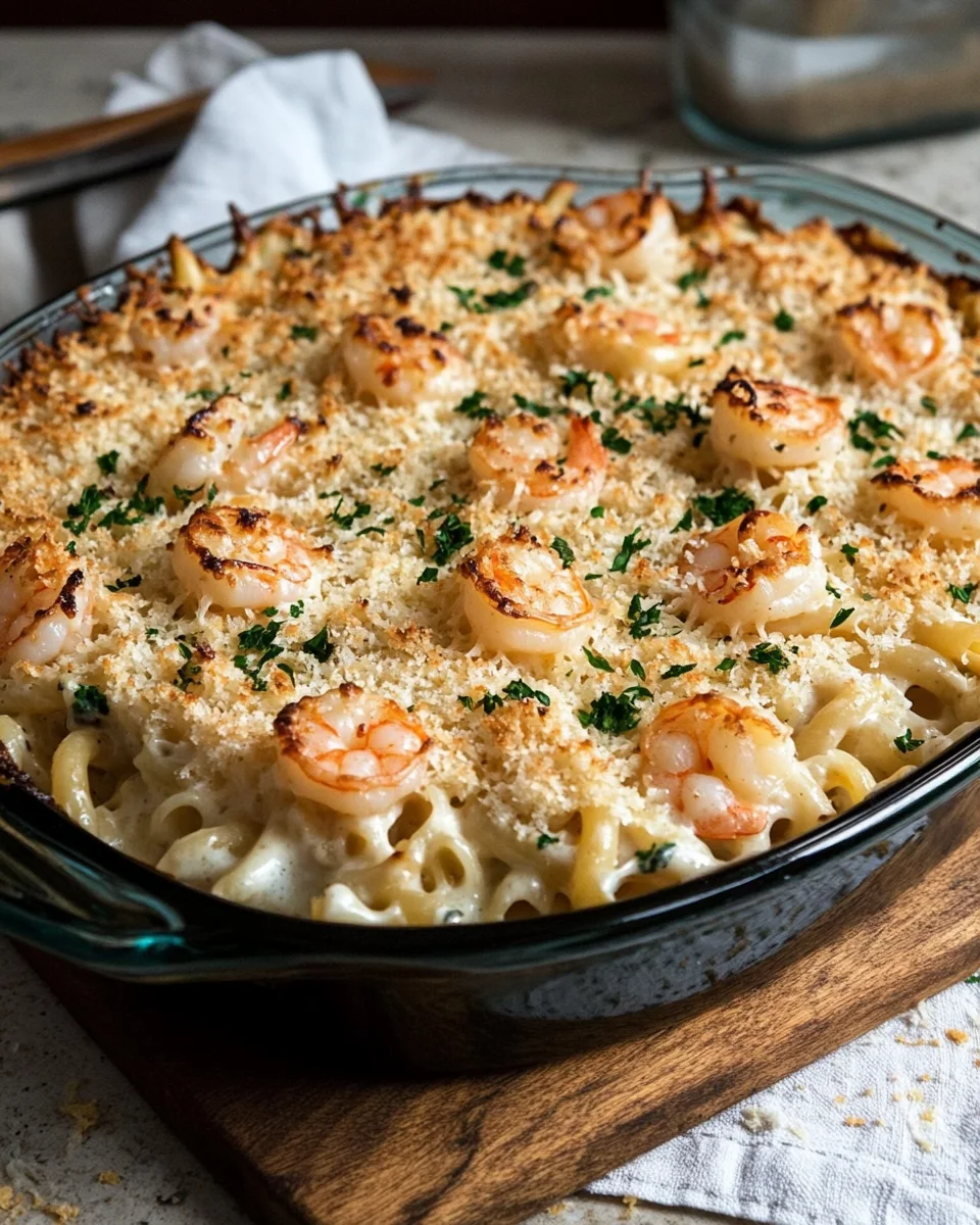Gratin de Pâtes aux Crevettes, Sauce Crémeuse et Fromage Gratiné