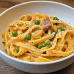 Pâtes aux 7 P : pâtes crémeuses italiennes à la pancetta et aux petits pois