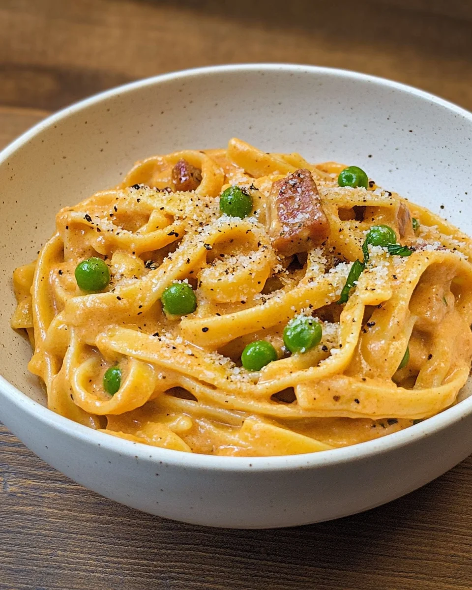 Pâtes aux 7 P : pâtes crémeuses italiennes à la pancetta et aux petits pois