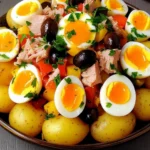 Salade de pommes de terre au thon, aux œufs et aux olives