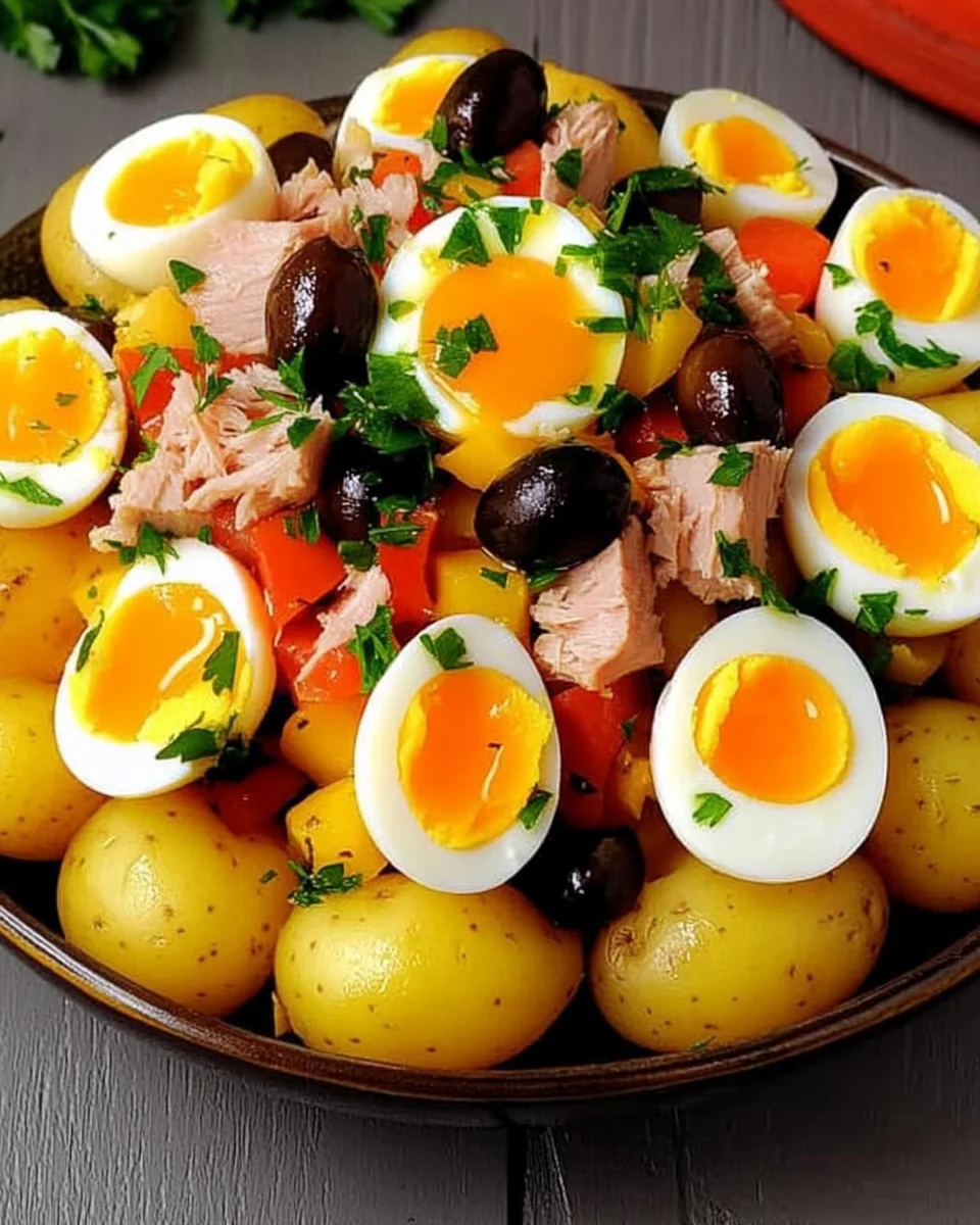 Salade de pommes de terre au thon, aux œufs et aux olives