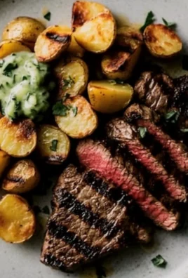 Steak Grillé, Potatoes Croustillantes et Sauce au Concombre