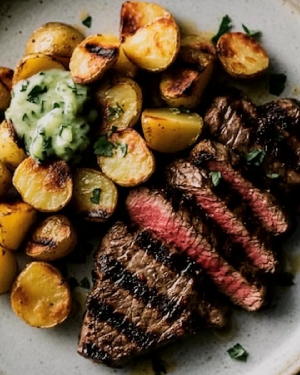 Steak Grillé, Potatoes Croustillantes et Sauce au Concombre