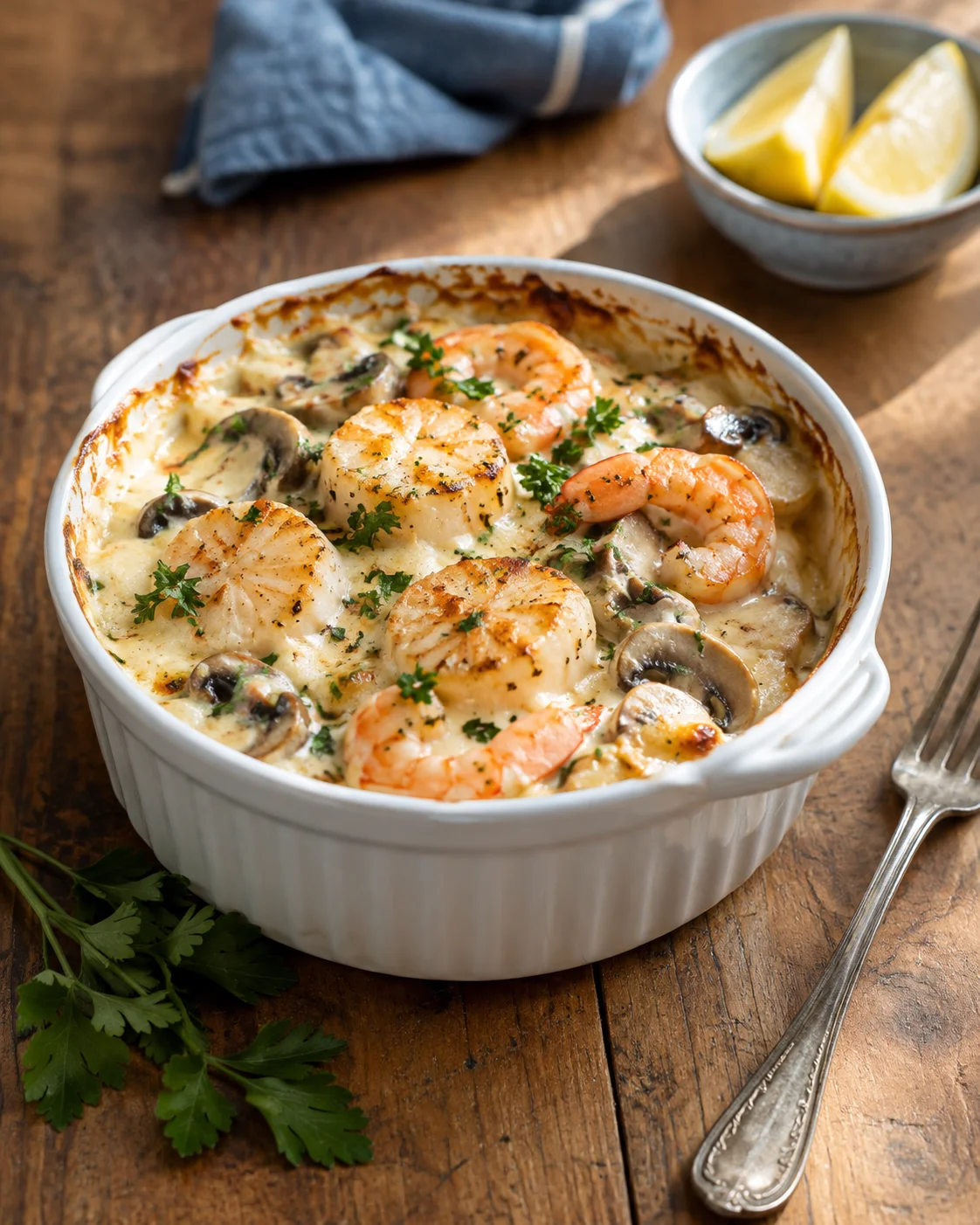 Cassolette de la Mer : Saint-Jacques, Crevettes & Champignons