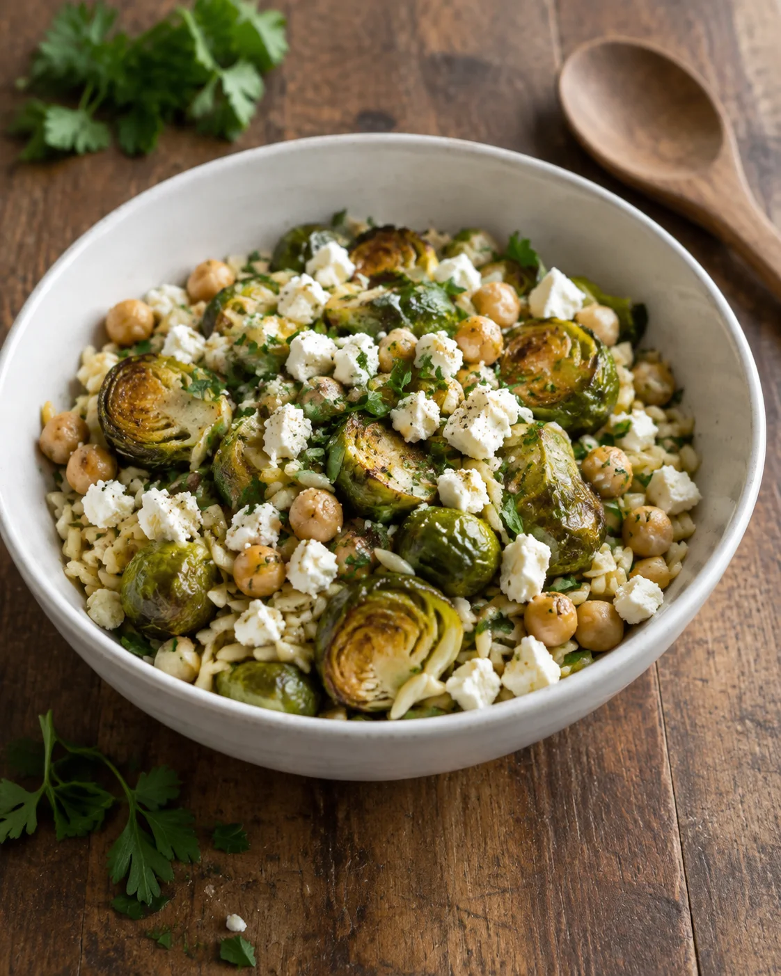 Orzo aux Choux de Bruxelles Rôtis, Feta et Pois Chiches