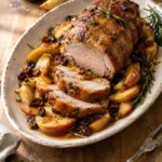 Rôti de Porc Fondant aux Pommes, Raisins et Sauce Miel-Romarin