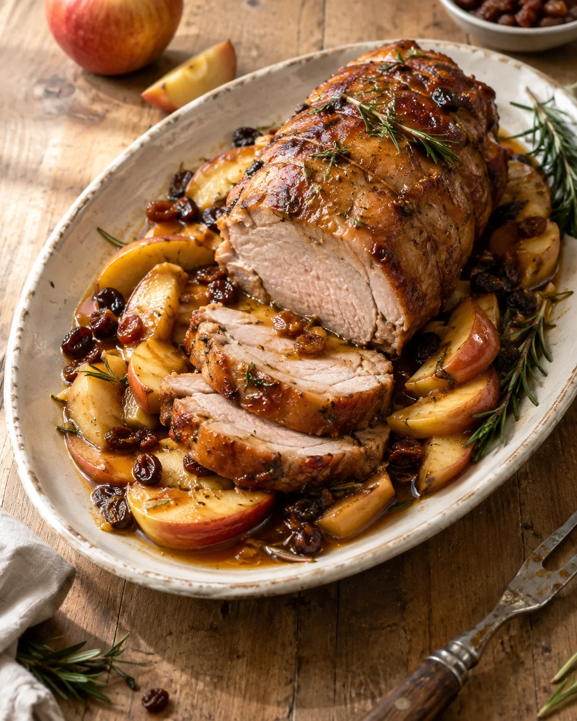 Rôti de Porc Fondant aux Pommes, Raisins et Sauce Miel-Romarin