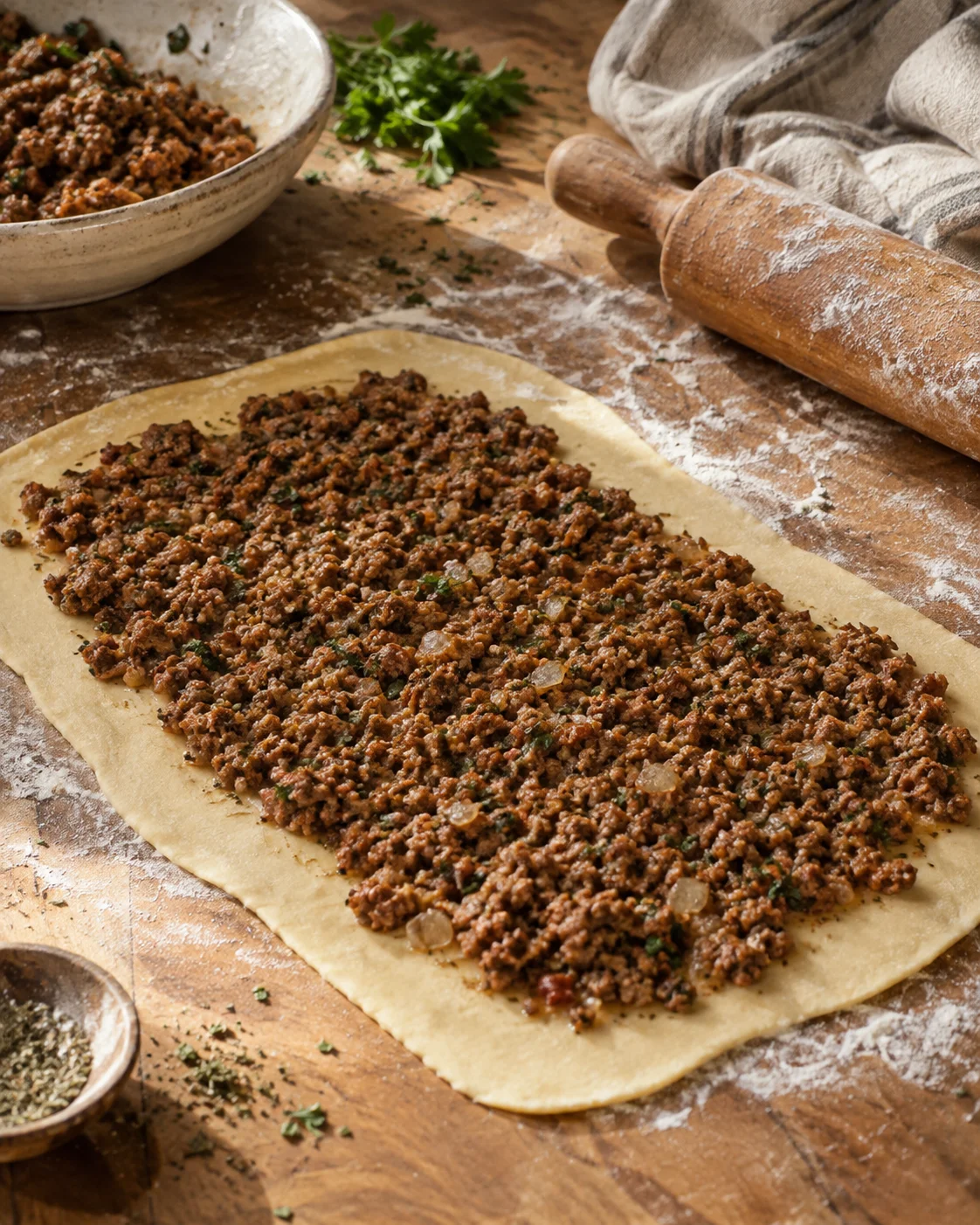 Roulez la pâte avec la viande hachée et faites cuire au four pendant 15 minutes image 2