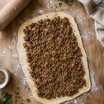 Roulez la pâte avec la viande hachée et faites cuire au four pendant 15 minutes