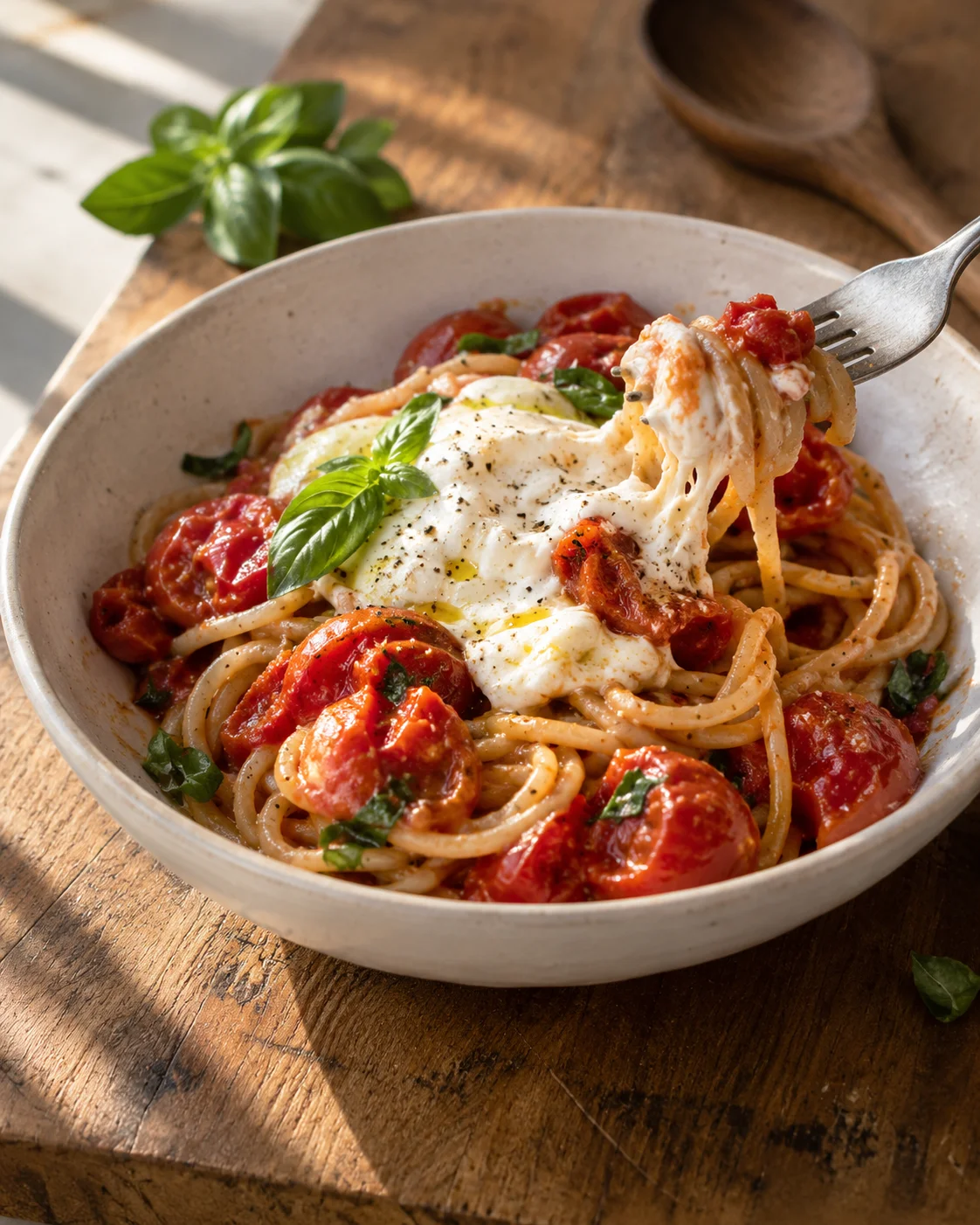 Spaghetti aux tomates éclatées et burrata